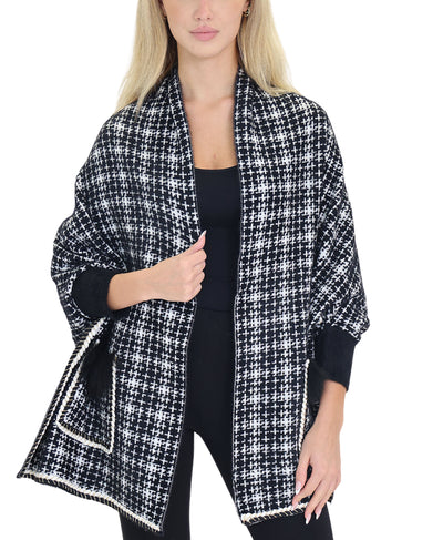Plaid Wrap w/ Shimmer Detail & Fox Fur Trim Pockets image 1