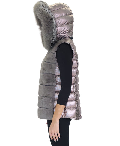 Fur & Puffer Vest w/ Fox Fur Trim Hood image 2