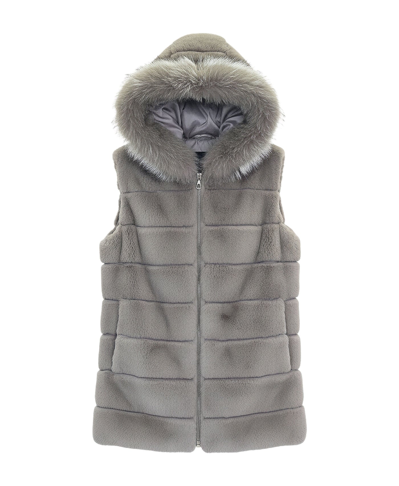 Fur & Puffer Vest w/ Fox Fur Trim Hood view 3
