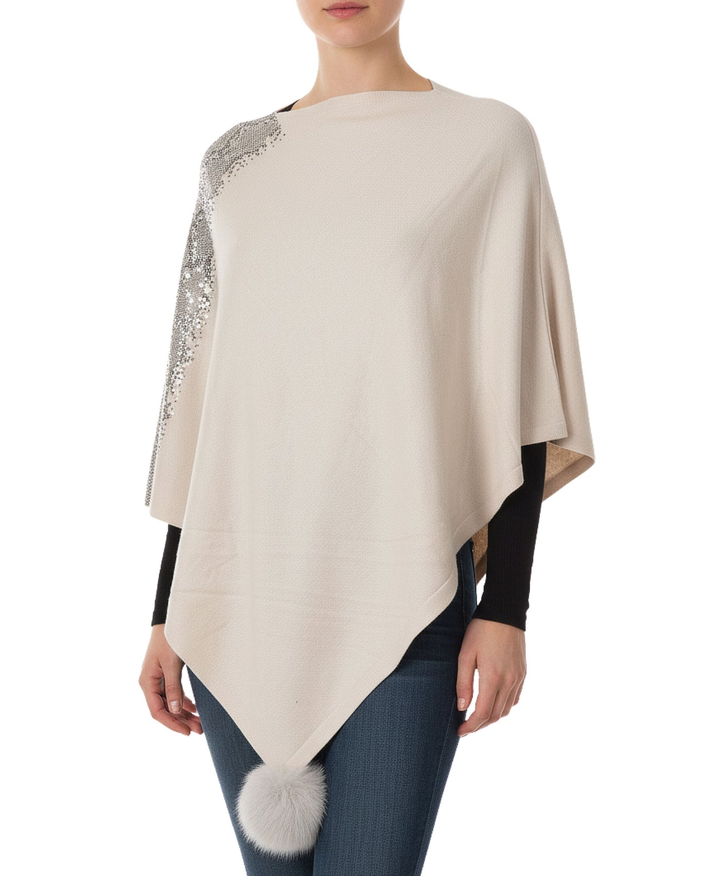 Knit Poncho w/ Rhinestones & Fox Fur Poms view 1