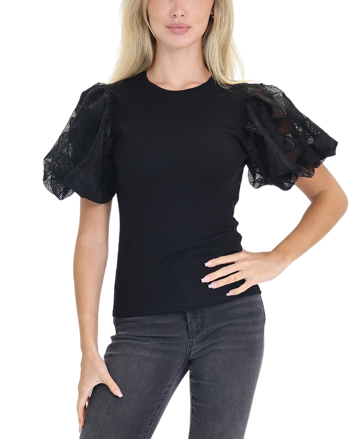 Tee w/ Puff Mesh Sleeves view 1