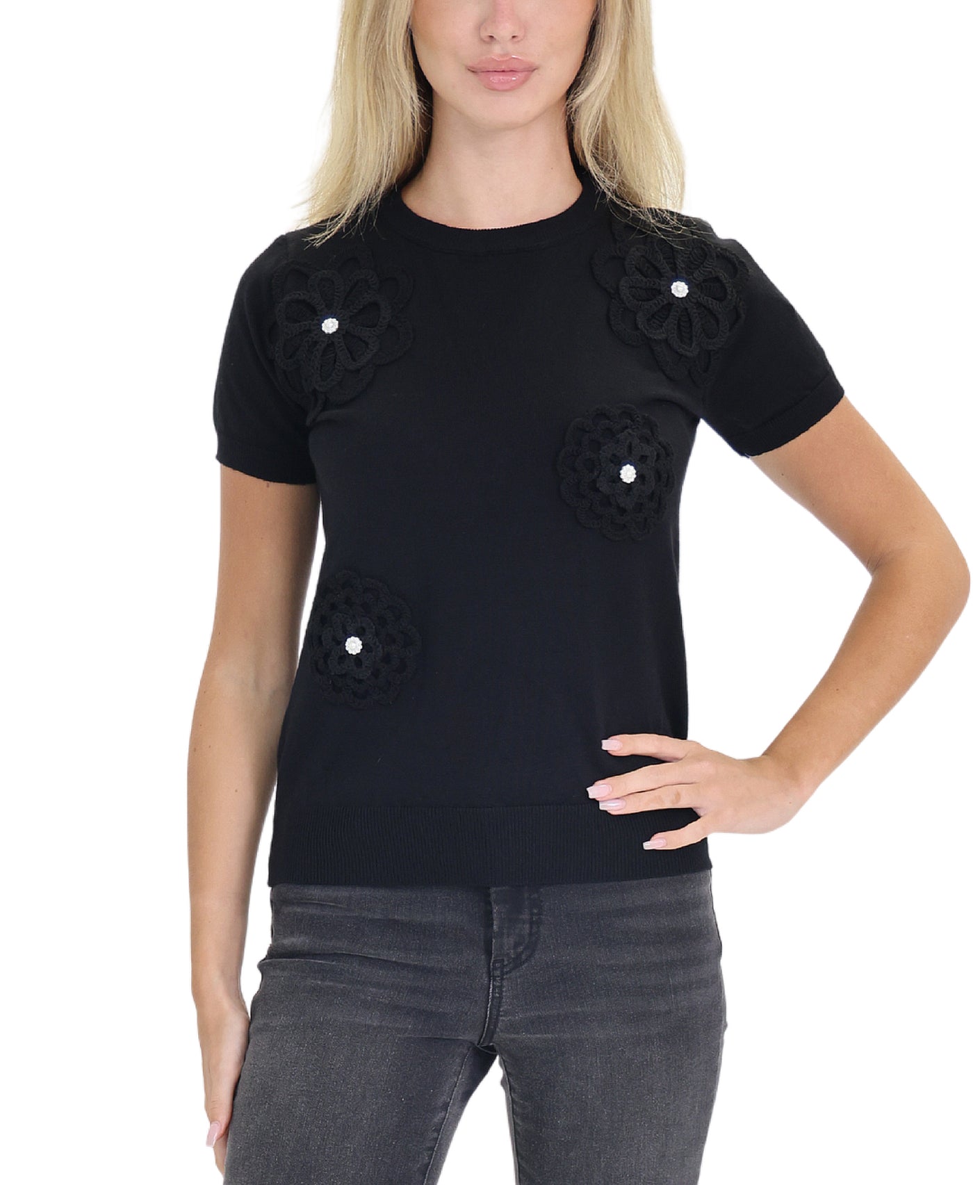 Knit Top w/ Flowers & Pearls view 1