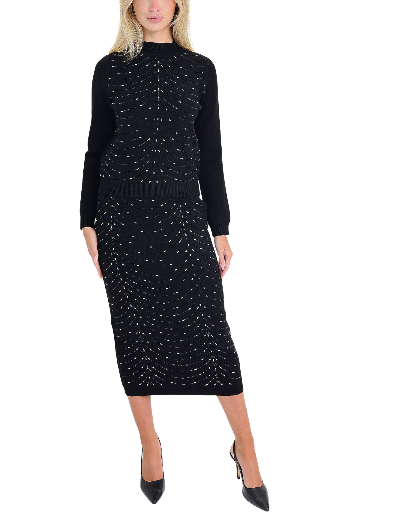 Crystal Embellished Knit Skirt & Sweater Set- 2 Pc Set view 1