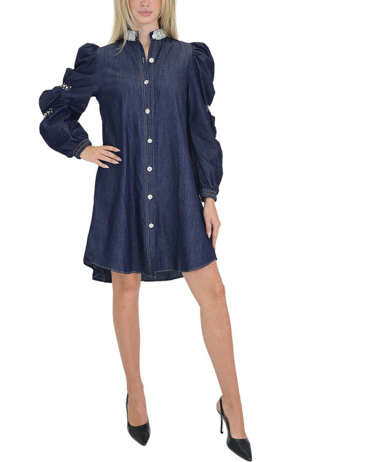 Denim Shirt Dress w/ Pearls & Rhinestones view 