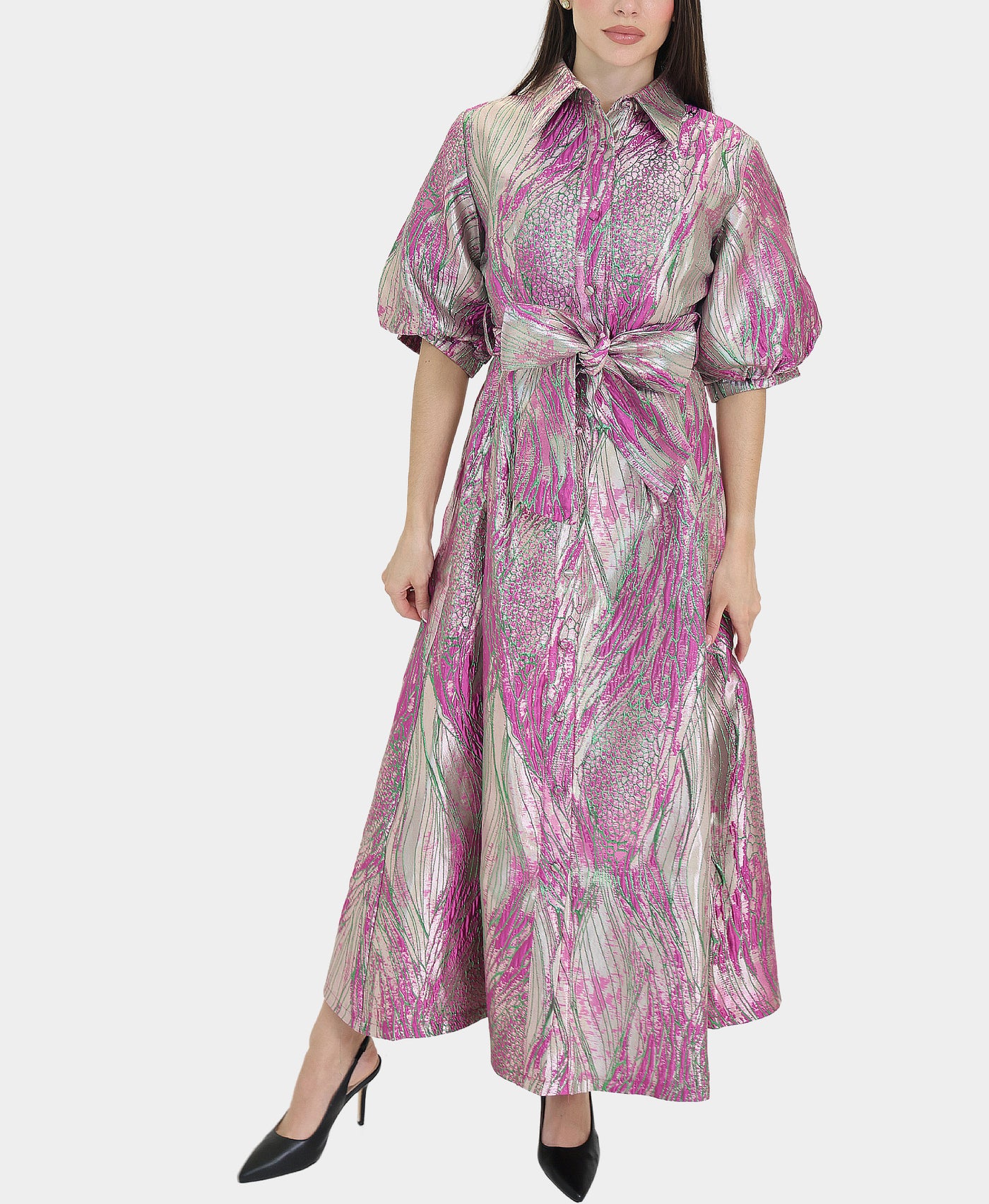 Printed Metallic Puff Sleeve Dress view 1