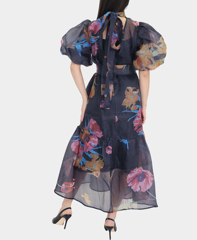 Sheer Floral Print Puff Sleeve Dress image 2