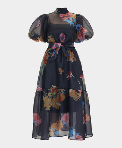Sheer Floral Print Puff Sleeve Dress image 3