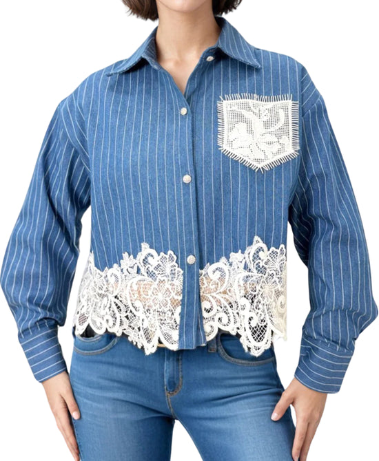 Denim Stripe Shirt w/ Lace Trim view 