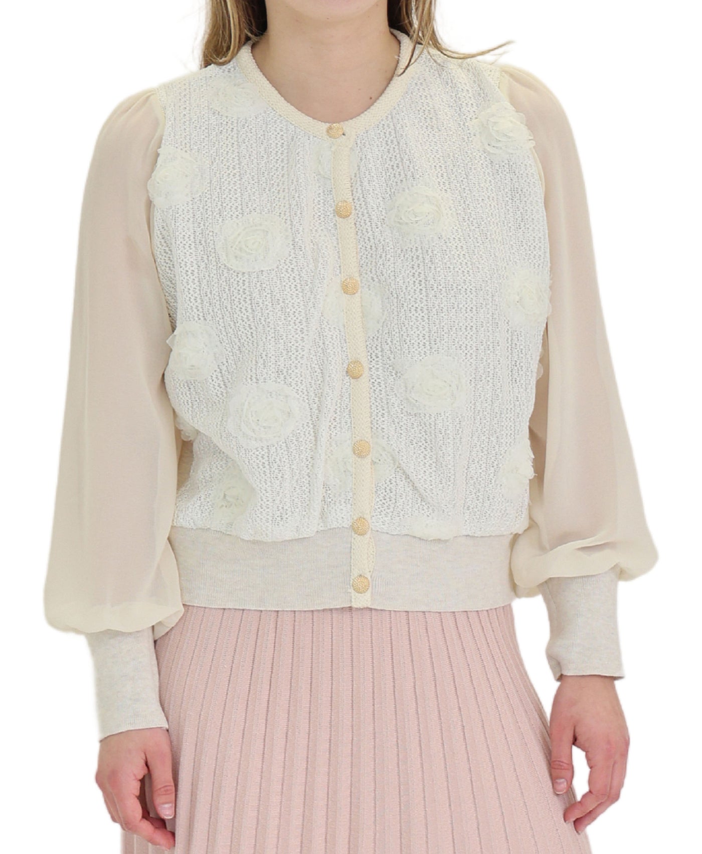 Knit Cardigan w/ Rosettes and Chiffon Sleeves view 1