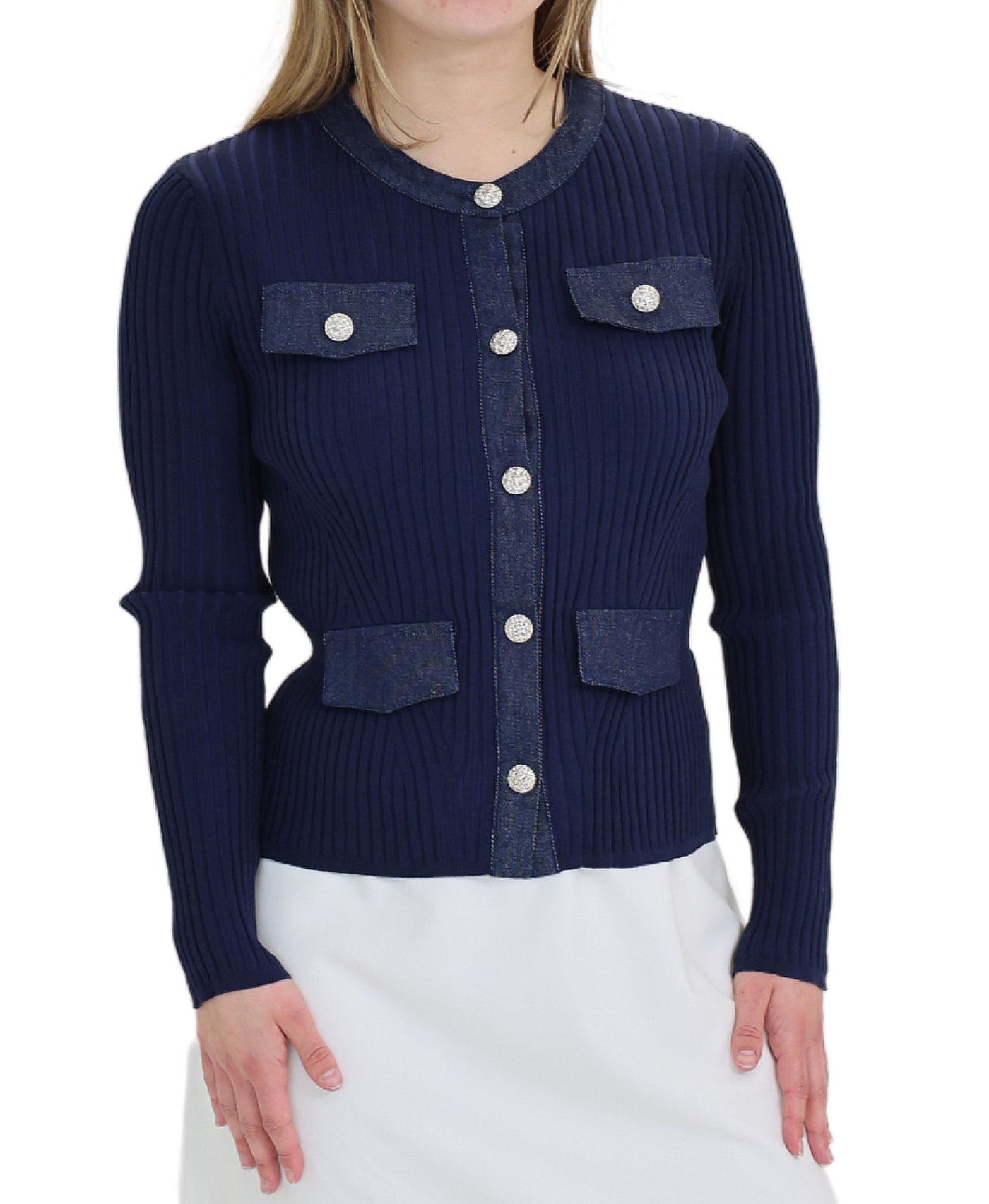 Knit Ribbed Cardigan Sweater w/ Denim Trim view 1