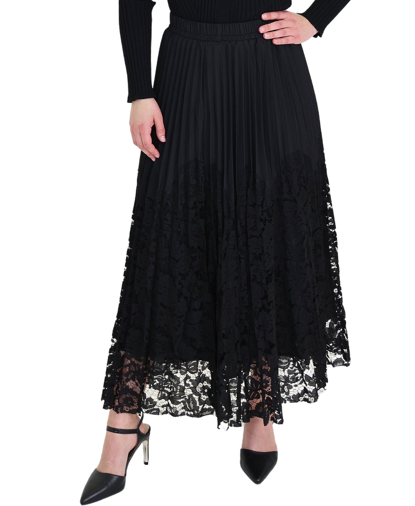 Midi Pleated Skirt w/ Lace view 1