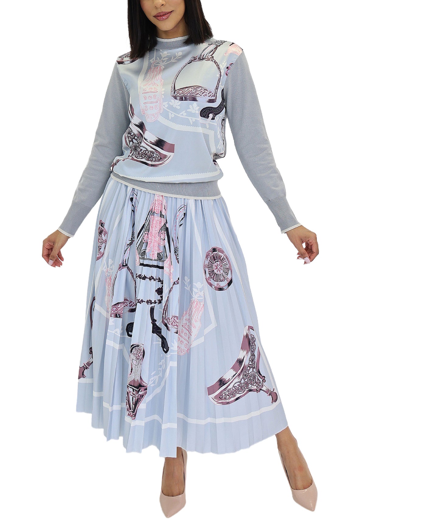 Mixed Media Top & Pleated Midi Skirt Set- 2 Pc Set view 1