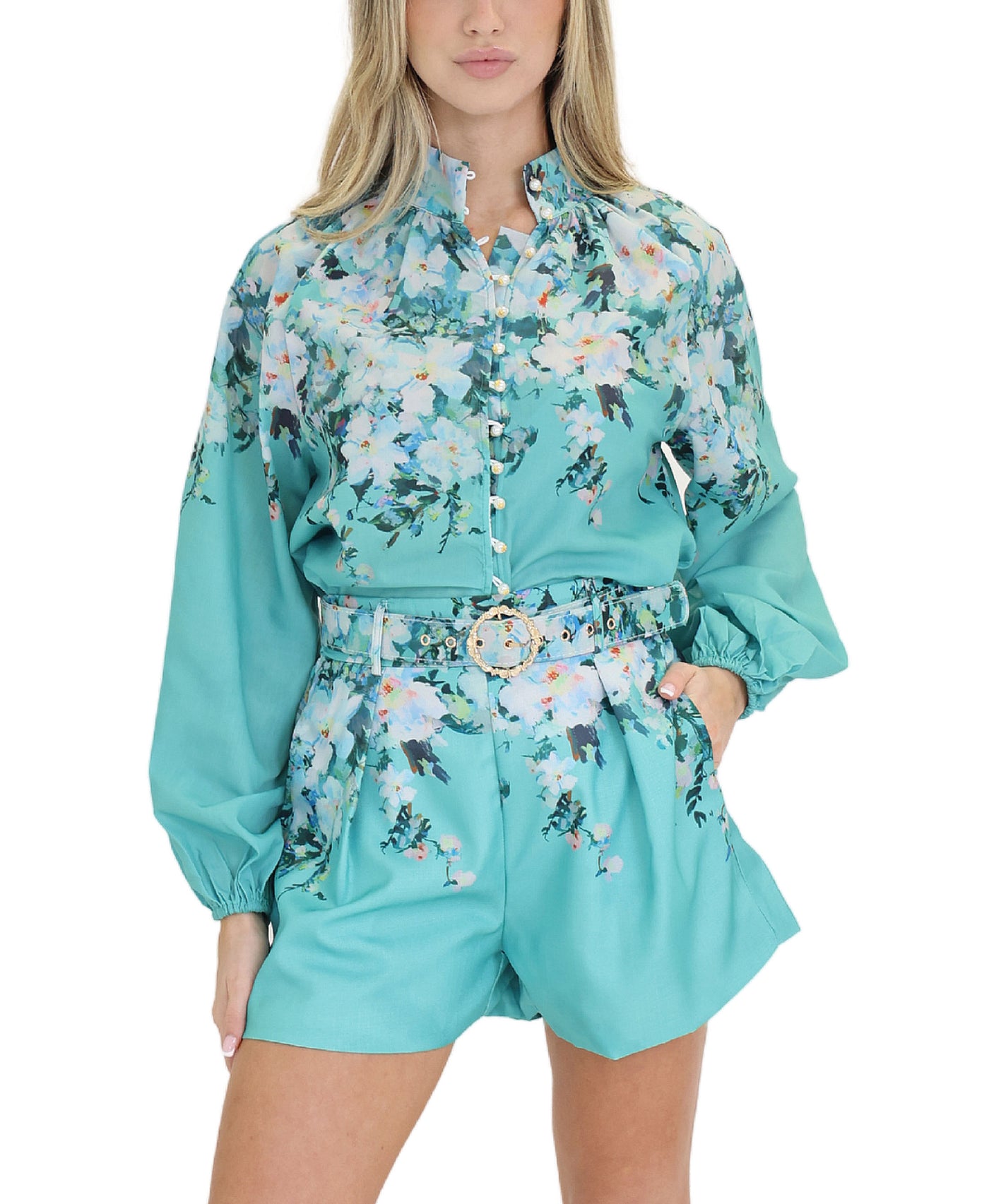 Floral Print Blouse & Short Set- 2 Pc Set view 1