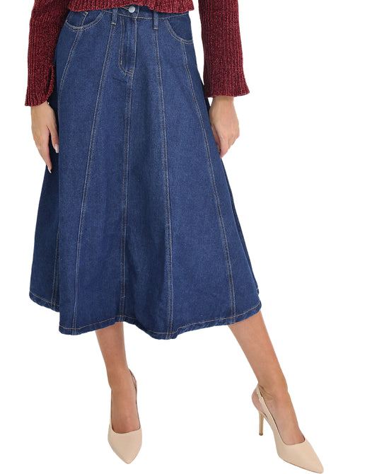 Denim Fit & Flare Midi Skirt view 