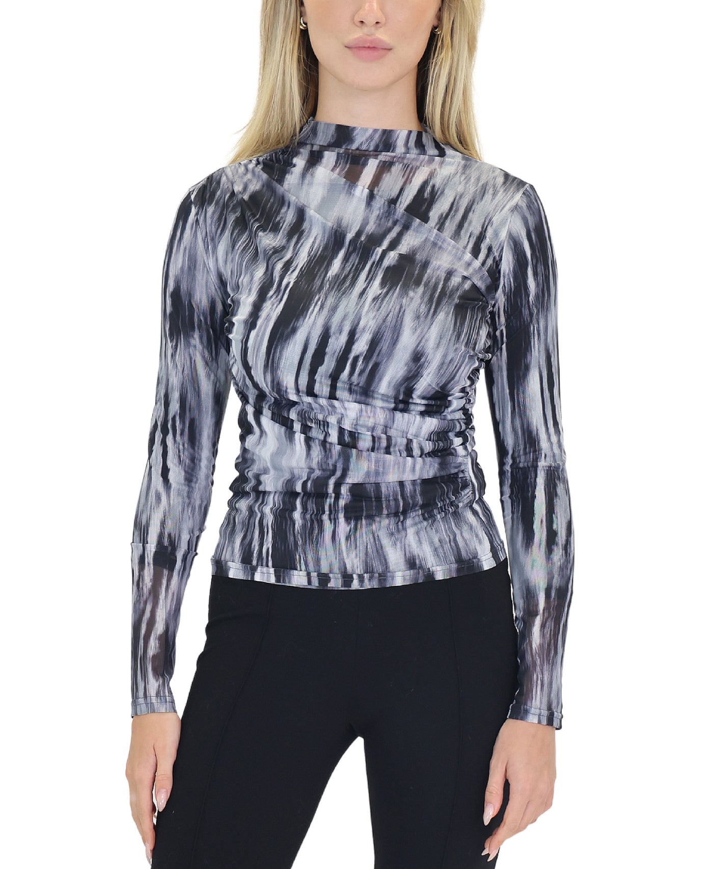 Printed Mesh Ruched Top view 1