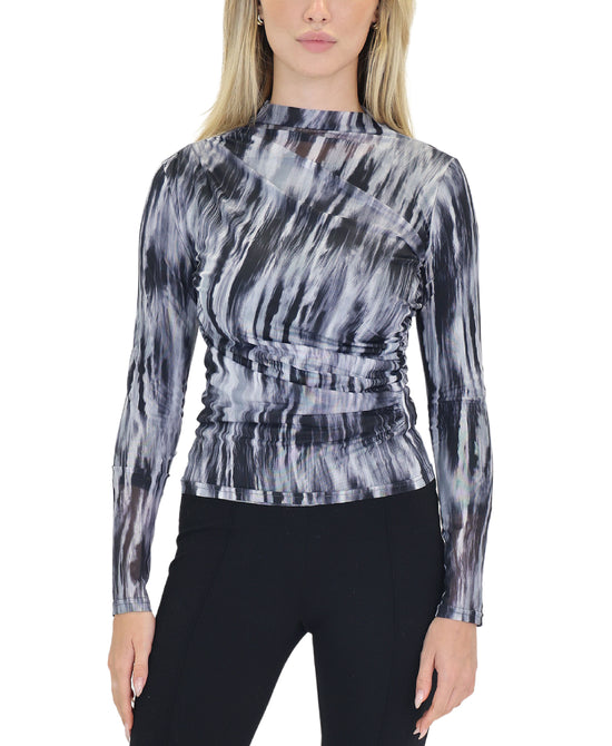 Printed Mesh Ruched Top view 