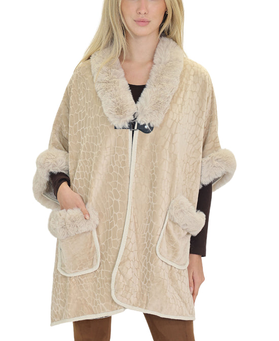 Printed Cape w/ Faux Fur Trim view 