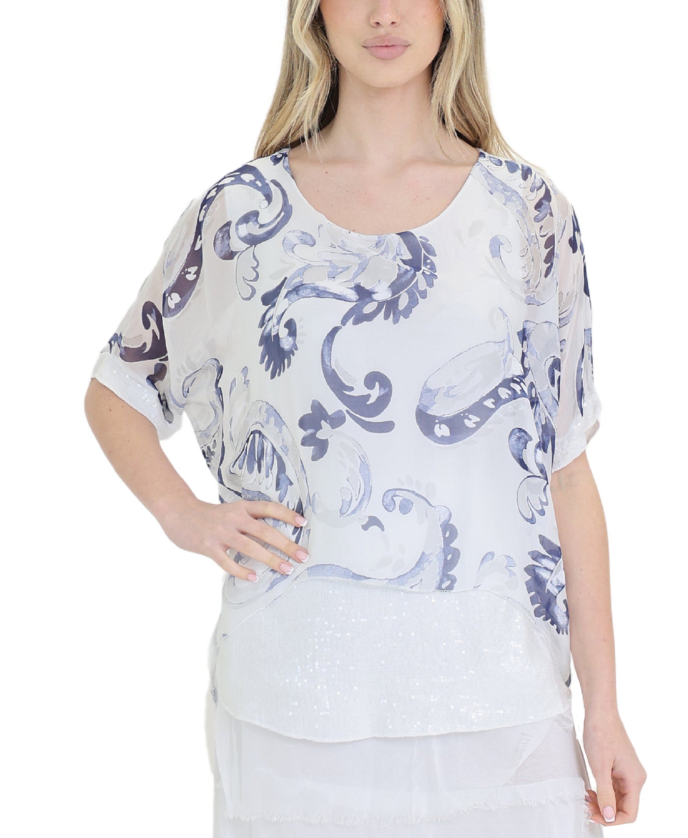 Printed Silk Top w/ Sequin Underlay view 1