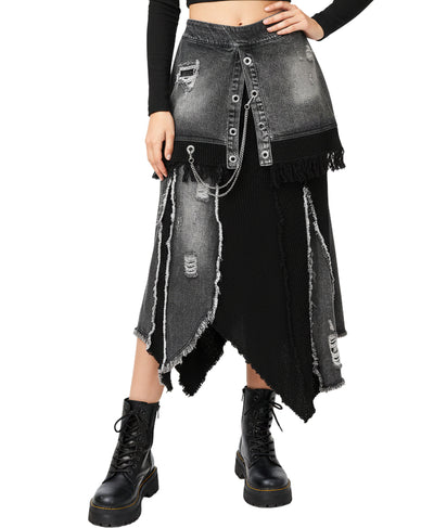 Distressed Denim & Knit Midi Skirt image 2