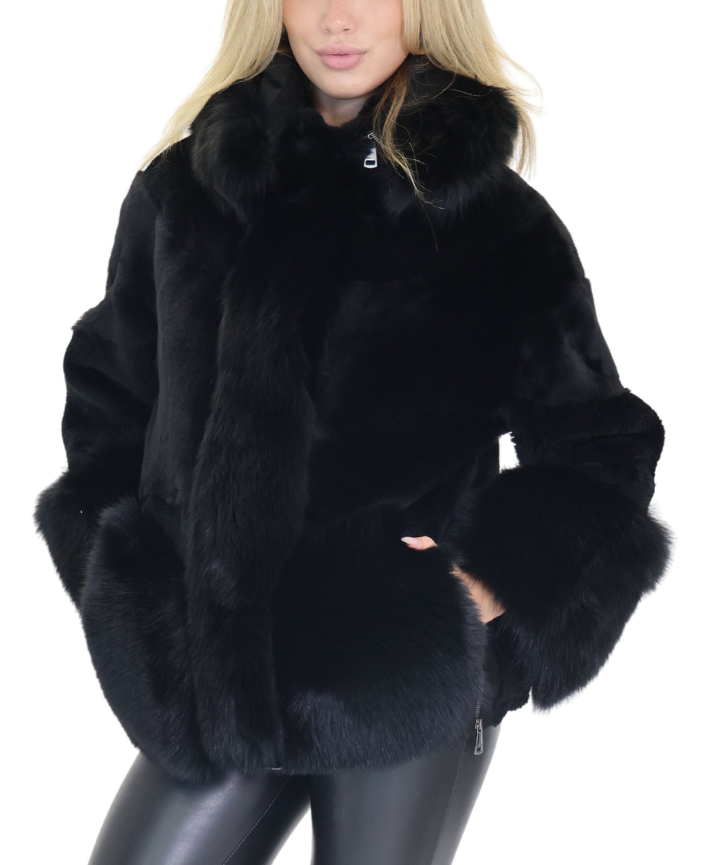 Shearling Jacket w/ Fox Fur Trim & Removable Hood view 1