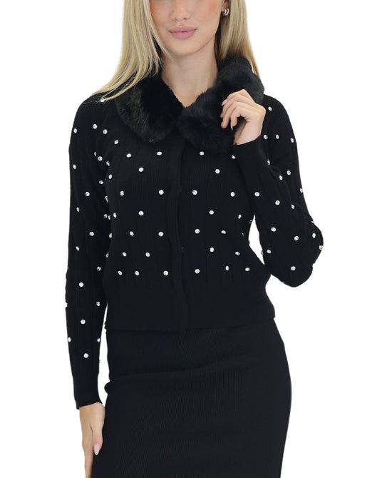Sweater w/ Rhinestones & Faux Fur Trim view 