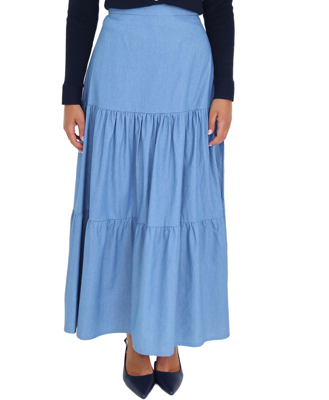 Denim Tiered Midi Skirt view 1
