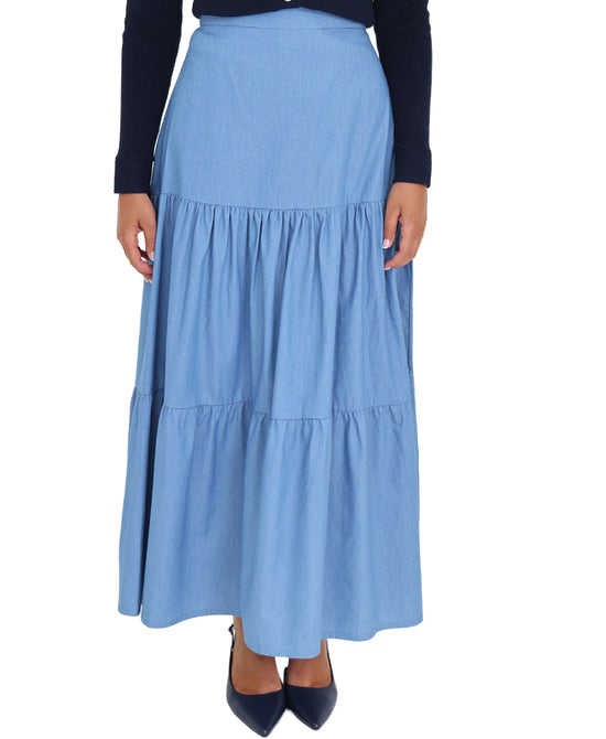 Denim Tiered Midi Skirt view 
