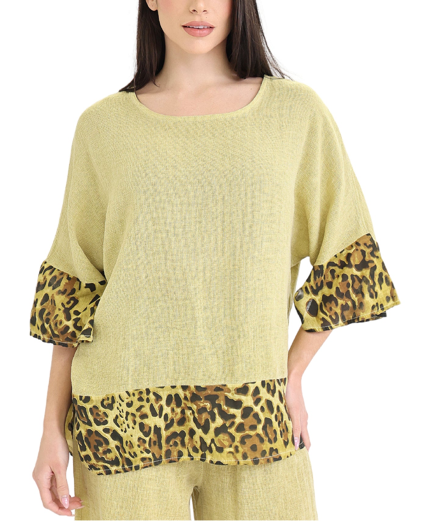 Linen & Cotton Top w/ Leopard Trim view 1