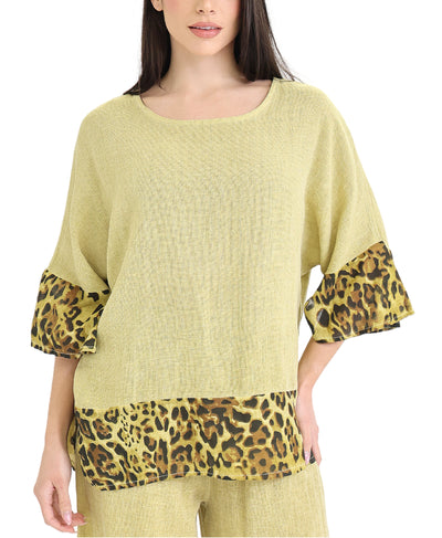 Linen & Cotton Top w/ Leopard Trim image 1