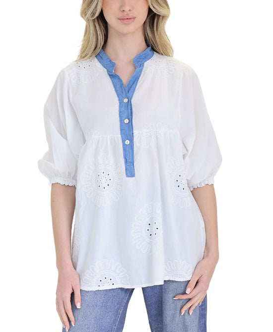 Embroidered Top w/ Denim Trim view 