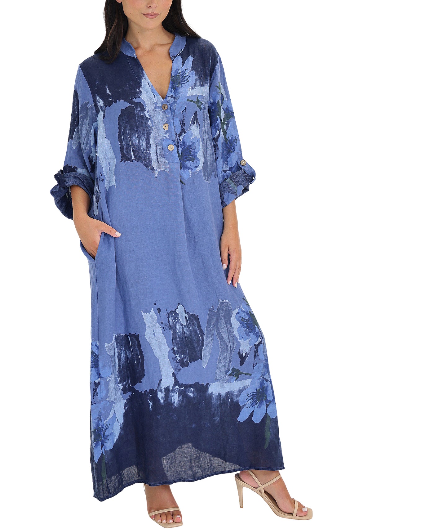 Linen Floral Print Maxi Dress view 1