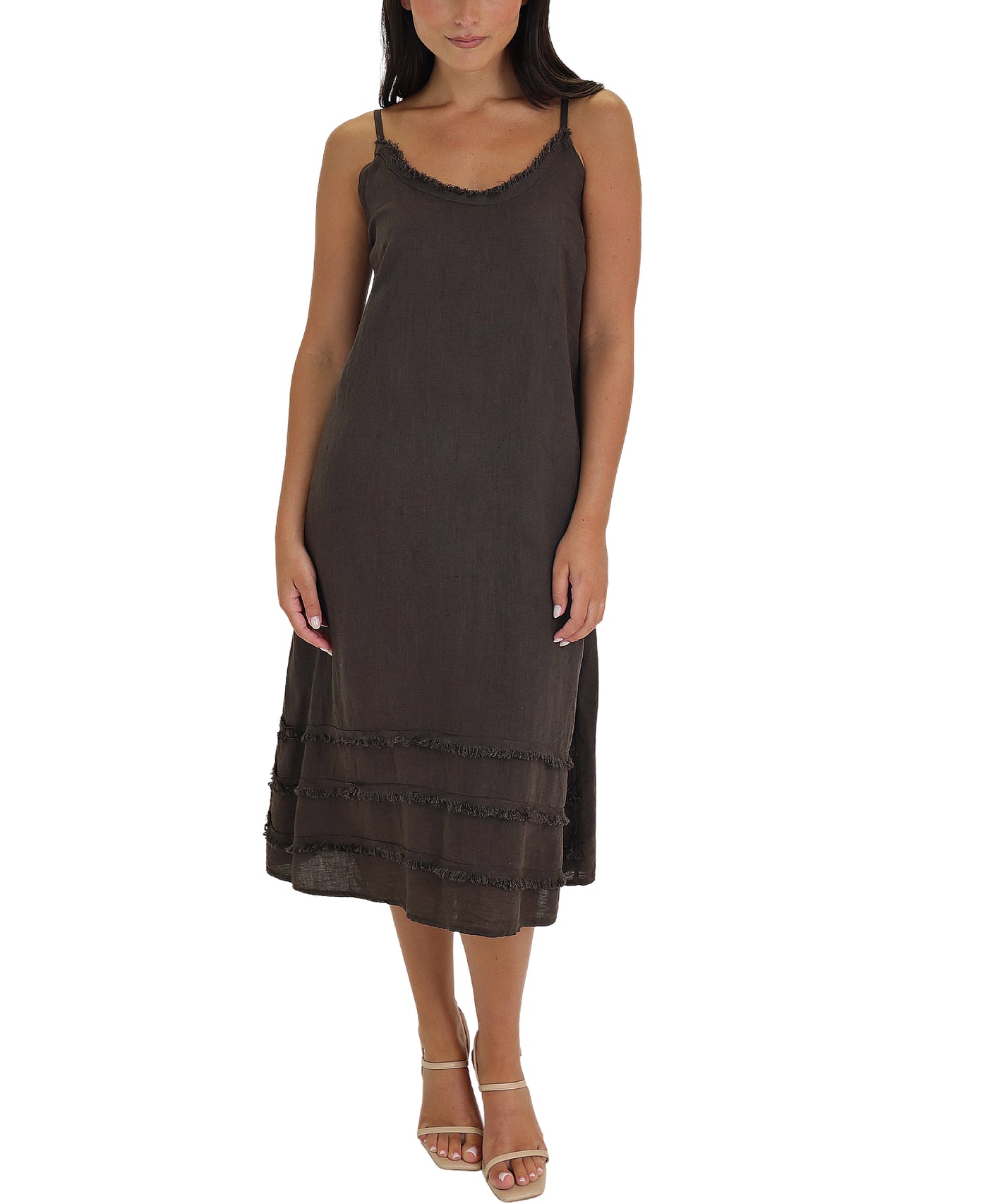 Linen Midi Dress w/ Frayed Detail view 1