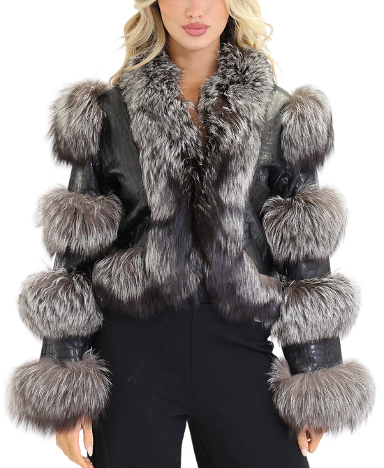 Croc Embossed Leather Jacket w/ Fox Fur Trim view 