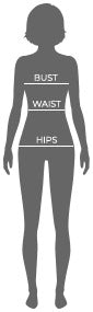 Silhouette of a female figure with labeled measurement zones for bust, waist, and hips, indicating where to take body measurements.